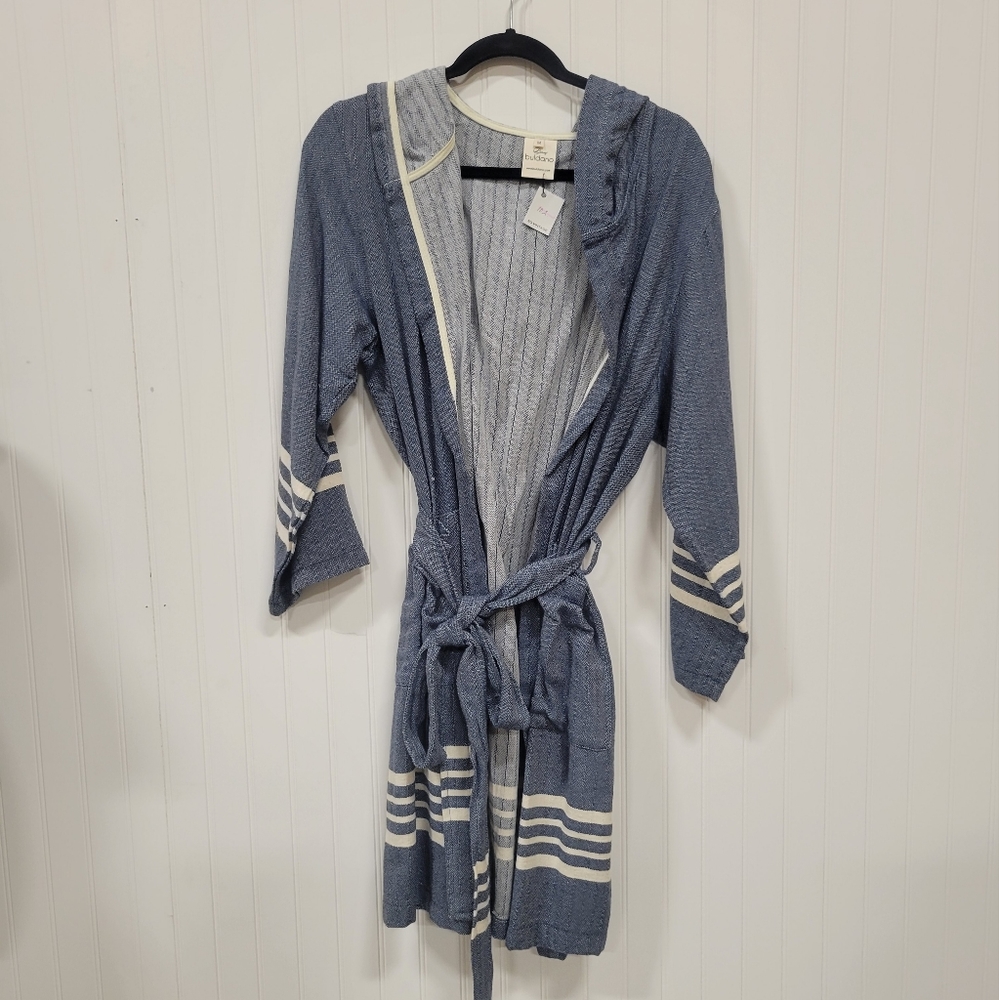 Blue and Cream Belted Sweater Jacket